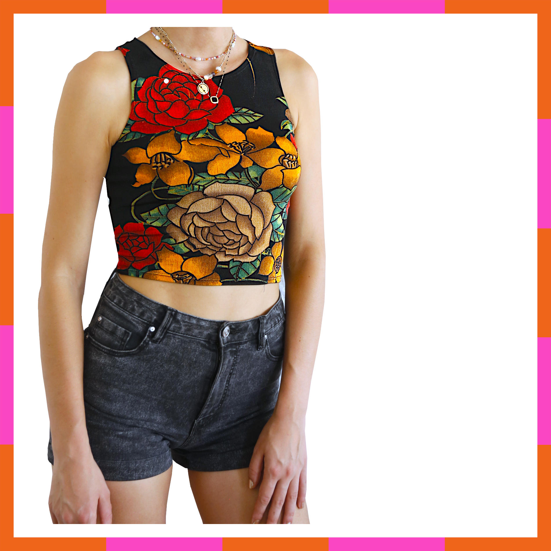 Vêtement printemps été, top court, motif floral, noir et rouge, tailles 36-38