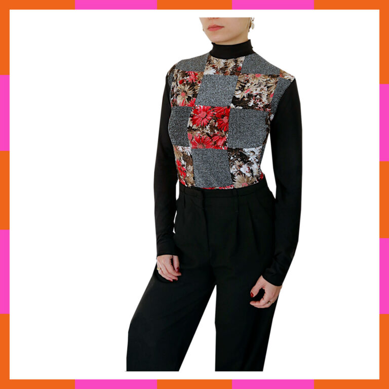 Vêtement à col roulé automne hiver, manche longue, patchwork fleurs et brillant, tailles 40