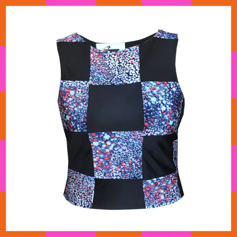 Vêtement printemps été, top court, patchwork noir et tissu fleuri bleu, tailles 42